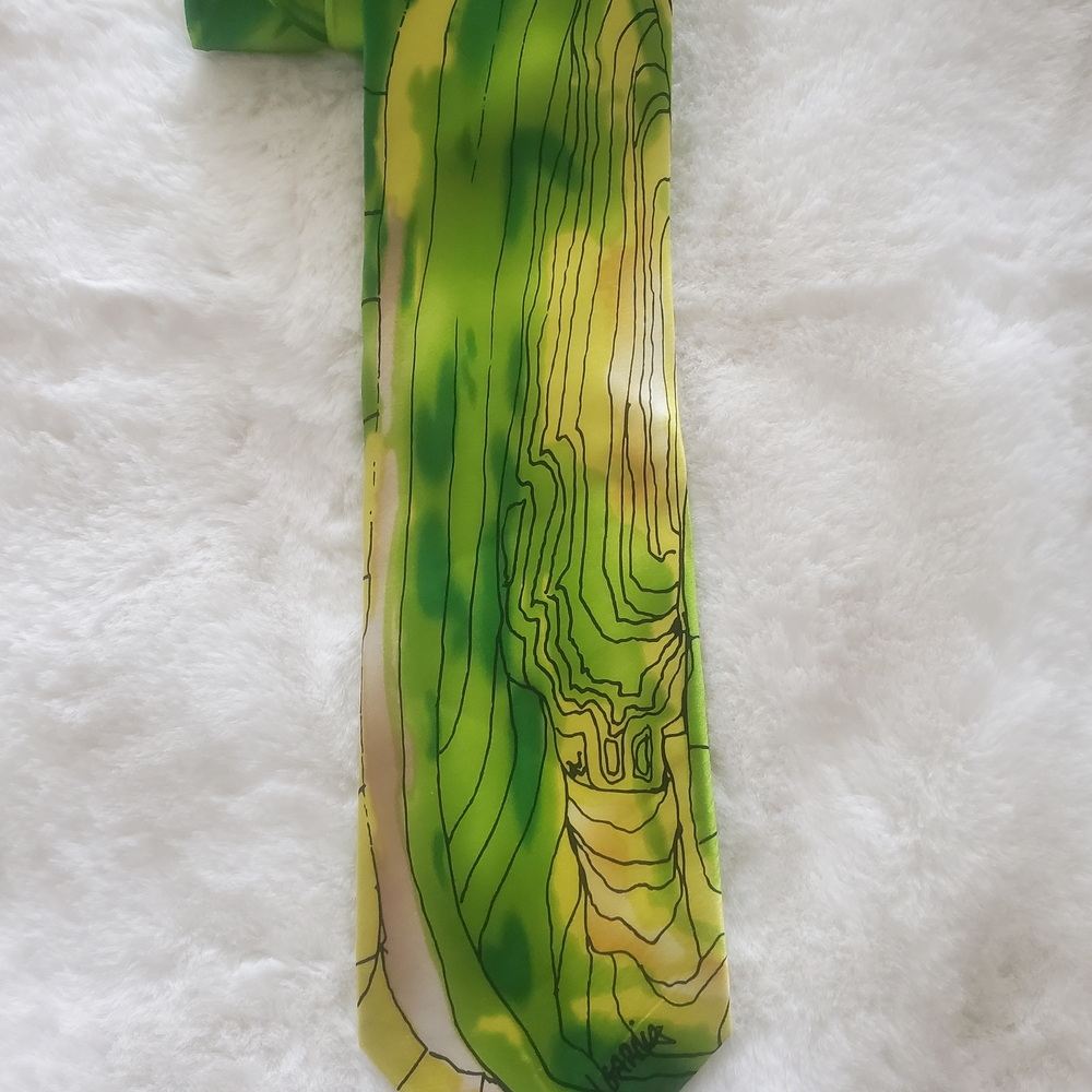 J Garcia Silk Tie Mens Green and Yellow